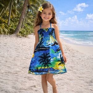 Girls Size 8 Tropical Dominican Republic Halter Dress Palm Tree Beach Print